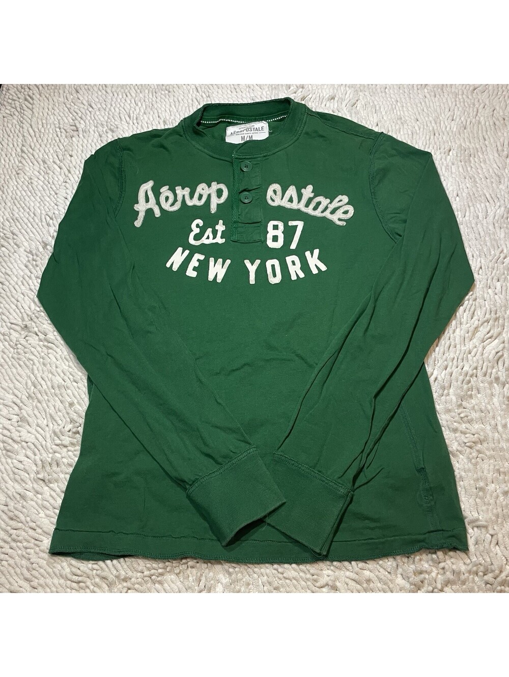Y2K Aeropostale Nineteen Eighty Seven Henley Shirt Sz L Green Cotton New York